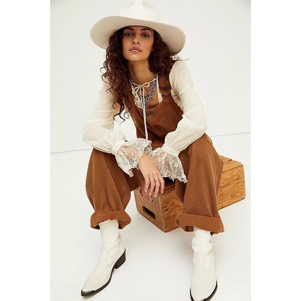 NWT FREE PEOPLE Sz M HUNTER DENIM OVERALLS IN KHAKI OVERDYE - Picture 3 of 4